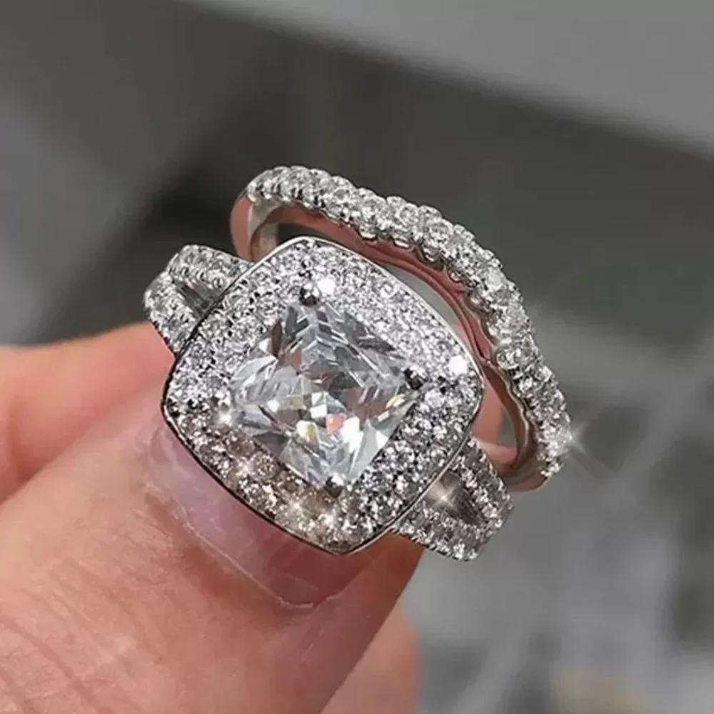 🎁Square Zircon Micro Pave 925 Sterling Silver Plated Wedding RingUNVN12176 - Picture 1 of 10